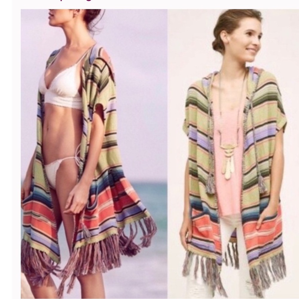 Anthropologie Moth Calexico multicolor striped hooded fringe poncho cotton linen